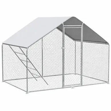 Enclos D'extérieur Pour Poules 3 X 3 X 2 M En Métal Argenté Avec Bâche Imperméable Enclos D'extérieur Pour Poules 3 X 3 X 2 M En Métal Argenté Avec Bâche Imperméable