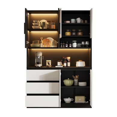 Buffet De Cuisine Avec éclairage LED Réglable, 3 Tiroirs, 6 Portes, Blanc Et Noir Buffet De Cuisine Avec éclairage LED Réglable, 3 Tiroirs, 6 Portes, Blanc Et Noir