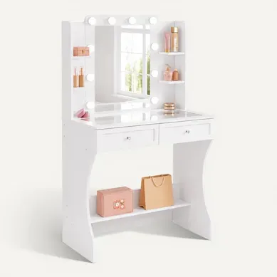 Coiffeuse Avec Miroir LED Tricolore Et Plateau En Verre Blanc