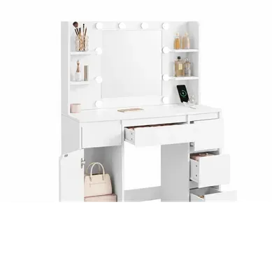 Coiffeuse Moderne Avec Miroir LED, Prise Et Rangements Blanche