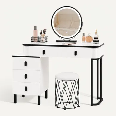 Coiffeuse Avec Miroir LED Dimmable Et Tabouret, 5 Tiroirs, Noir Et Blanc