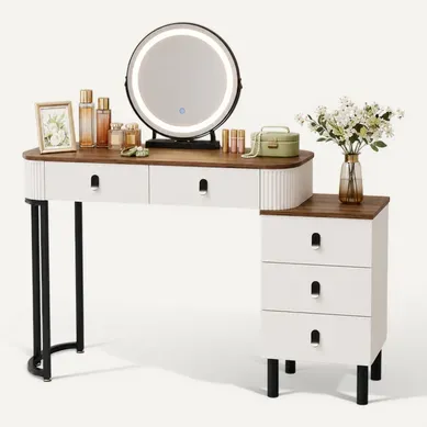 Coiffeuse Avec Miroir LED Dimmable, 5 Tiroirs, Blanc Et Marron