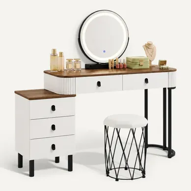 Coiffeuse Avec Miroir LED Dimmable Et Tabouret, 5 Tiroirs, Blanc Et Marron