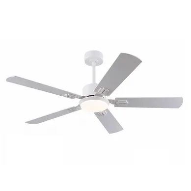 Ventilateur De Plafond Avec Lumière, Télécommande, 5 Pales, En Métal Et Bois, Blanc Et Chêne Clair