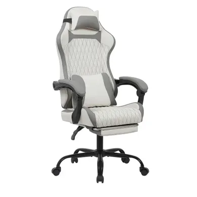 Chaise Gamer Avec Soutien Lombaire, Dossier Inclinable, Repose-pieds, Appui-tête, Blanc Et Gris