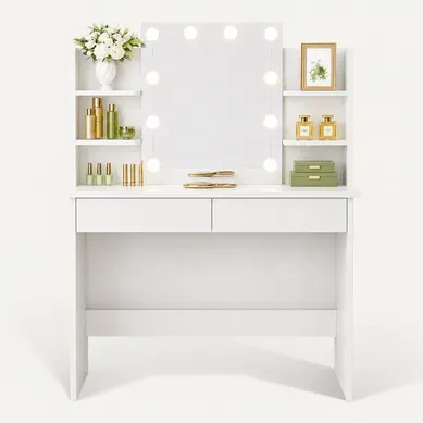 Coiffeuse Avec Miroir LED Et 2 Tiroirs 90 X 40 X 135 Cm,  Blanc