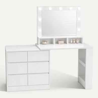 Coiffeuse D’angle 2 En 1 Avec 6 Tiroirs Et Miroir LED Réglable Blanc