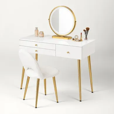 Coiffeuse Avec Miroir LED Réglable, 3 Tiroirs Et Chaise En Velours Blanc Et Doré