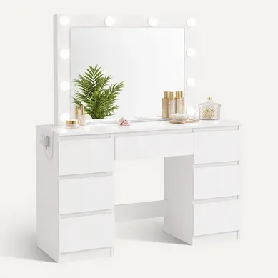 Coiffeuse Avec Miroir LED Dimmable, 7 Tiroirs Et Prises Intégrées Blanc
