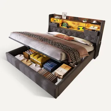 Lit Coffre 140x190 Cm Avec Tête De Lit De Rangement Et LED, Avec Sommier à Lattes, En Bois, Gris