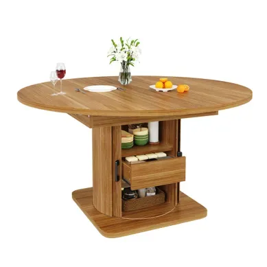 Table à Manger Extensible Ronde 118-158 X 118 X 76 Cm Avec Rangement, Marron Noir