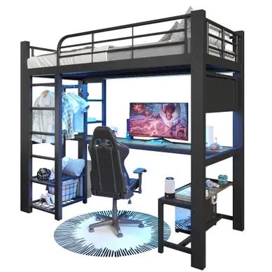 Lit Mezzanine 90x200 Cm Avec LED Et Bureau, Rangement, En Métal, Noir Lit Mezzanine 90x200 Cm Avec LED Et Bureau, Rangement, En Métal, Noir