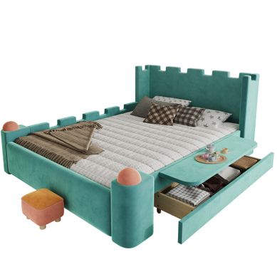 Lit Enfant 140x200 Cm Avec Tiroir Et Tablette Rabattable, En Bois Et Tissu, Bleu-vert