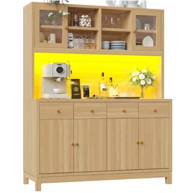 Buffet Haut Bois Avec LED Rgb Contrôlée Par Application, Portes Vitrées, 4 Tiroirs Buffet Haut Bois Avec LED Rgb Contrôlée Par Application, Portes Vitrées, 4 Tiroirs
