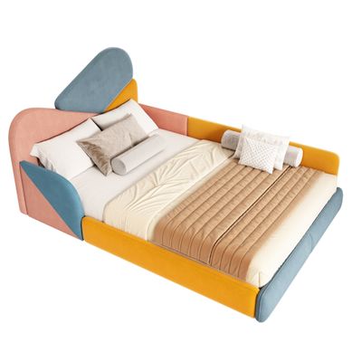 Lit Enfant 140x200 Cm Avec Tête De Lit Et Côtés Relevés, En Velours, Bleu Multicolore