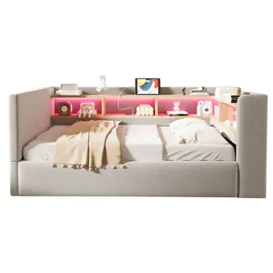 Lit Enfant 90x190 Cm, Lit Avec Rangement Et LED, Avec Sommier à Lattes, En Tissu, Gris Clair