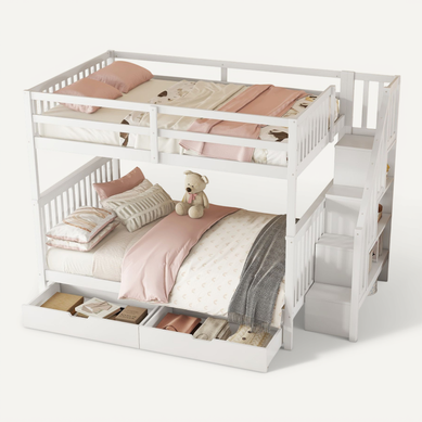 Lit Superposé 140x200 Cm - Rangement Escalier - 2 Tiroirs - Structure Fiable - Blanc Lit Superposé 140x200 Cm - Rangement Escalier - 2 Tiroirs - Structure Fiable - Blanc