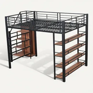 Lit Mezzanine 140x200 Cm - Lit Double Avec Escalier Sécurisé - Rangement - Pratique - Noir