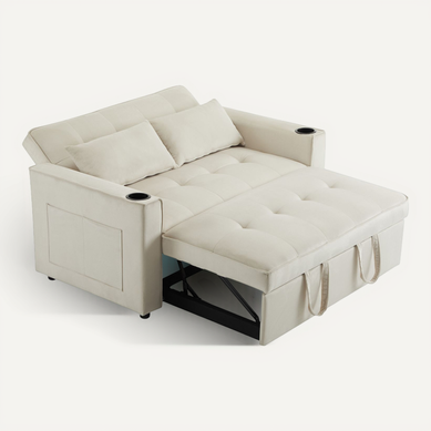 Canapé Droit Convertible 2 Places - Canapé Multifonction Avec Porte-gobelets Intégrés - Beige Canapé Droit Convertible 2 Places - Canapé Multifonction Avec Porte-gobelets Intégrés - Beige