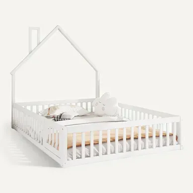 Lit Cabane 140x200 Cm - Lit Double Avec Sommier à Lattes - Design Moderne - Blanc Lit Cabane 140x200 Cm - Lit Double Avec Sommier à Lattes - Design Moderne - Blanc