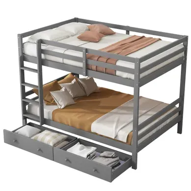 Lit Superposé 140x200 Cm, Lit Enfant Double Avec Tiroirs Et Barrière Sécurisée, Style Moderne, Gris