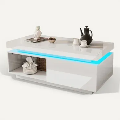 Table Basse Salon, LED- Bluetooth, Panneau De Particules, Finition Blanche Table Basse Salon, LED- Bluetooth, Panneau De Particules, Finition Blanche