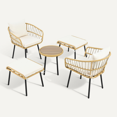 Salon De Jardin 5 Pièces En Rotin Avec Table, 2 Chaises Et 2 Poufs,blanc Salon De Jardin 5 Pièces En Rotin Avec Table, 2 Chaises Et 2 Poufs,blanc