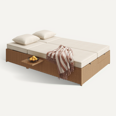 Lit De Jardin Extérieur Double En Rotin, Bain De Soleil Pliable Avec Coussins, Blanc Lit De Jardin Extérieur Double En Rotin, Bain De Soleil Pliable Avec Coussins, Blanc