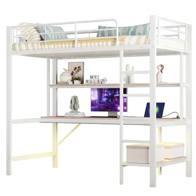 Lit Mezzanine 90x200 Cm, Bureau, étagères, LED, Prise USB, Blanc Lit Mezzanine 90x200 Cm, Bureau, étagères, LED, Prise USB, Blanc