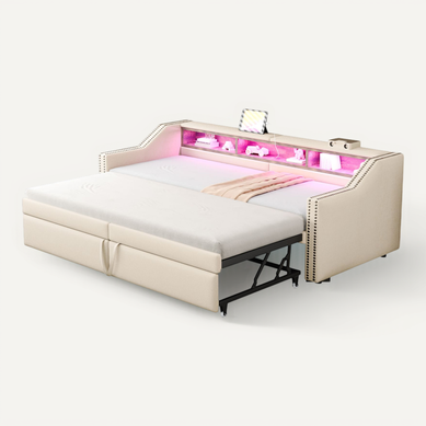 Lit Gigogne 90/180x200 Cm - Avec LED Et Prise USB, Lit Déco Avec Coffre De Rangement - Beige Lit Gigogne 90/180x200 Cm - Avec LED Et Prise USB, Lit Déco Avec Coffre De Rangement - Beige