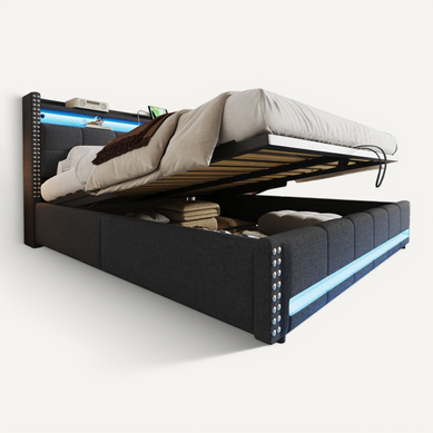 Lit Coffre 180x200 Cm - Lit Adulte, Contrôle LED Par Bluetooth, USB Et Tête à Rangement - Gris Lit Coffre 180x200 Cm - Lit Adulte, Contrôle LED Par Bluetooth, USB Et Tête à Rangement - Gris