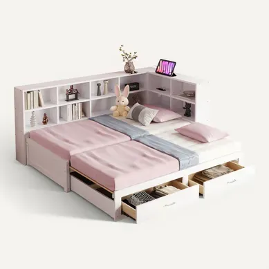 Lit Gigogne 90x190 + 180x190 Cm - Lit Gigogne Avec Coffre Et Prise Euro - Design Moderne - Blanc