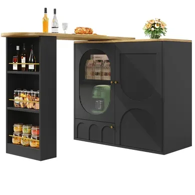 Table à Manger - Meuble De Rangement Mobile Avec Buffet Pivotant Et 3 Portes - Mdf Métal - Noir Table à Manger - Meuble De Rangement Mobile Avec Buffet Pivotant Et 3 Portes - Mdf Métal - Noir
