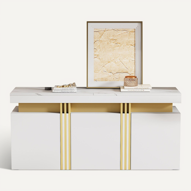 Buffet Rangement 3 Placards, 6 Niches, Panneau Particules,Stable, Blanc Marbre Platine