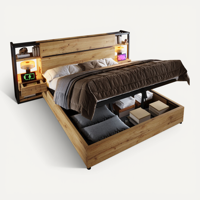 Lit Coffre 160x200 Cm, Lit Adulte Avec Charge USB/type-c,structure Stable,chêne