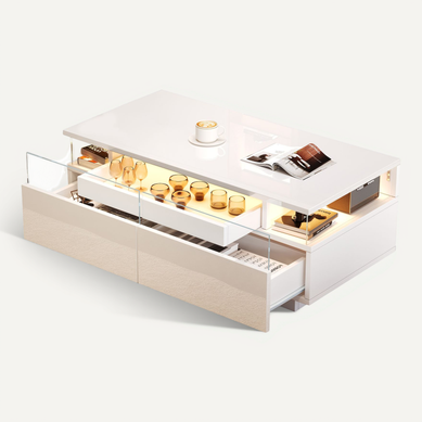 Table Basse - Tables De Salon Avec LED Intégrée Et 2 Tiroirs - Rangement - Blanc