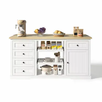 Îlot De Cuisine, Plateau Rabattable, 5 Tiroirs, étagères Coulissantes, Mdf Blanc Naturel