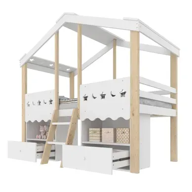 Lit Enfant 90x200 Cm, Lit Mi-hauteur Cabane, Rangements Intégrés, éclairage LED, Blanc