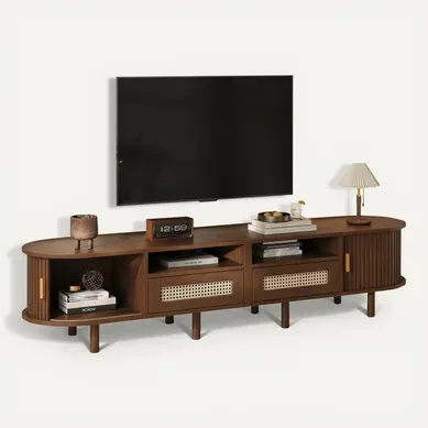 Meuble TV Ovale Design Avec Rangement Et Tiroirs, Pour Écran 70 Pouces,Moderne, Noyer