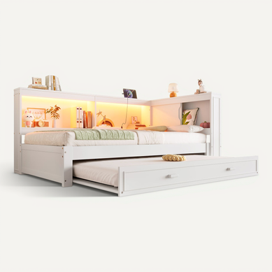 Lit Gigogne 90x200 Cm Avec Prise USB - LED - Tiroir Intégré - Design Moderne - Stable - Blanc Lit Gigogne 90x200 Cm Avec Prise USB - LED - Tiroir Intégré - Design Moderne - Stable - Blanc