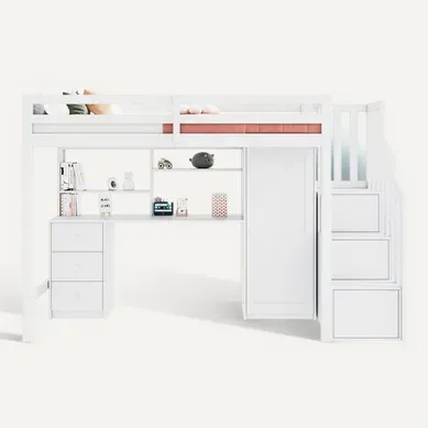 Lit Superposé 90x200 Cm - Avec Bureau Intégré Armoire Et Escalier Rangement - Blanc Lit Superposé 90x200 Cm - Avec Bureau Intégré Armoire Et Escalier Rangement - Blanc