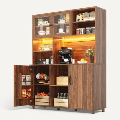 Buffet Haut - Vitrine 2 En 1 - LED - Tiroirs - 3 Étagères - Verre - Mdf - Brun Noyer Buffet Haut - Vitrine 2 En 1 - LED - Tiroirs - 3 Étagères - Verre - Mdf - Brun Noyer