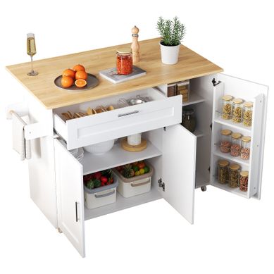 Îlot De Cuisine Mobile Avec Plan Pliable, Étagère à Épices Et Porte-serviettes, Mdf, Blanc