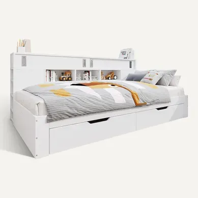 Lit Enfant 140x190 Cm - Lit Simple Avec Étagère - Armoire Et Tiroirs De Rangement - Blanc Lit Enfant 140x190 Cm - Lit Simple Avec Étagère - Armoire Et Tiroirs De Rangement - Blanc