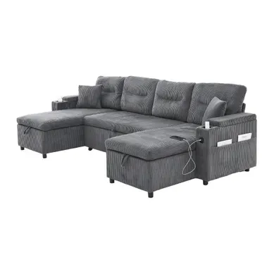 Canapé Angle Convertible En U 4 Places Avec Rangement Et USB, Coussins, Gris Carbone
