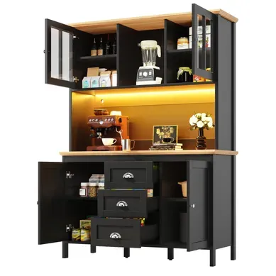 Buffet Haut Avec 4 Portes, 3 Tiroirs Et LED, Structure Stable Et Pratique, Noir Buffet Haut Avec 4 Portes, 3 Tiroirs Et LED, Structure Stable Et Pratique, Noir