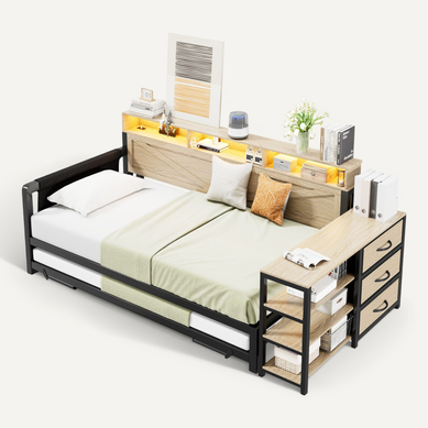 Lit Gigogne 90x200 Cm, Canapé-lit, Rangement Intégré, LED, USB, 3 Tiroirs, Métal Noir Lit Gigogne 90x200 Cm, Canapé-lit, Rangement Intégré, LED, USB, 3 Tiroirs, Métal Noir