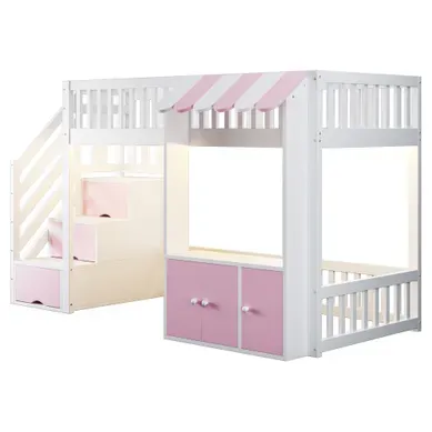 Lit Mezzanine Enfant 90x200 Avec Escalier De Rangement, LED - Bluetooth, Rose Et Blanc