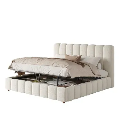 Lit Coffre 160x200 Cm, Lit Adulte, Espace De Rangement Hydraulique Et Tête De Lit Capitonnée, Blanc