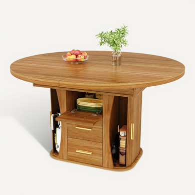 Table à Manger Extensible Ronde - Ovale Après Extension - Rangement Trois Niveaux - 118-158 Cm Table à Manger Extensible Ronde - Ovale Après Extension - Rangement Trois Niveaux - 118-158 Cm